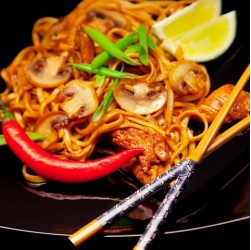 Noodles with Chicken and Mushrooms in Teriyaki Sauce